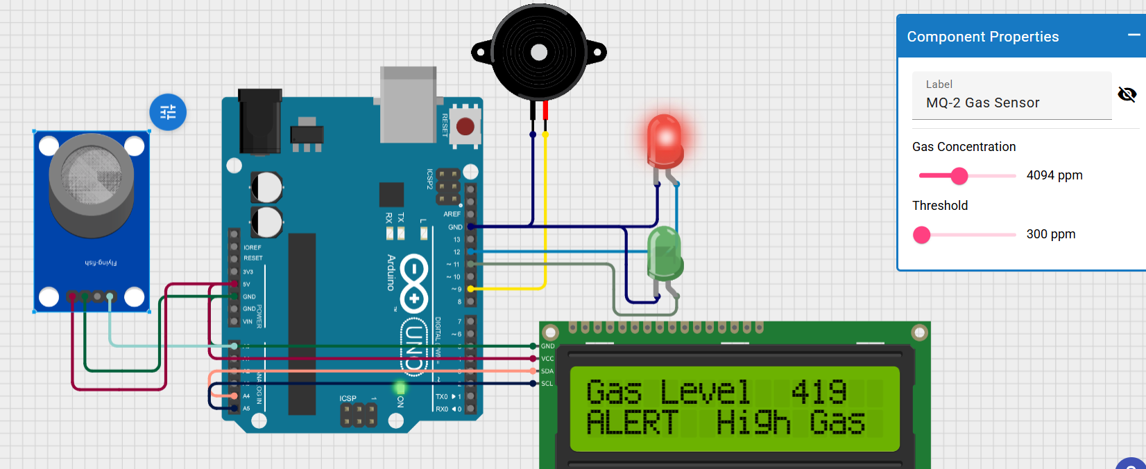 Circuit diagram for Arduino-Based Gas Leakage Detection System with Buzzer Alert