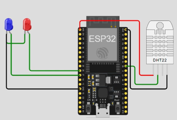 Circuit diagram for ESP32-Based Temperature & Humidity Data Storage on Blynk Cloud using DHT22
